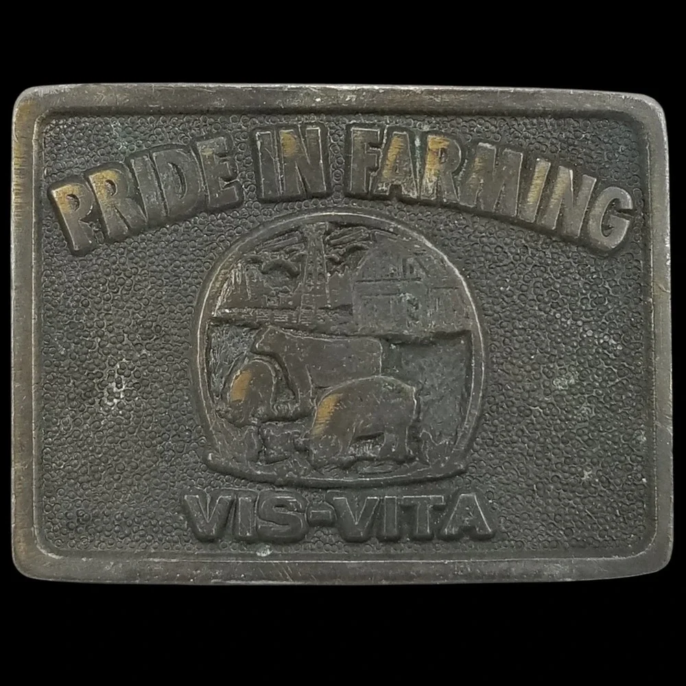 Pride in Farming VIS-Vita Belt Buckle Vintage‎ Brass Farm Animal Country Western